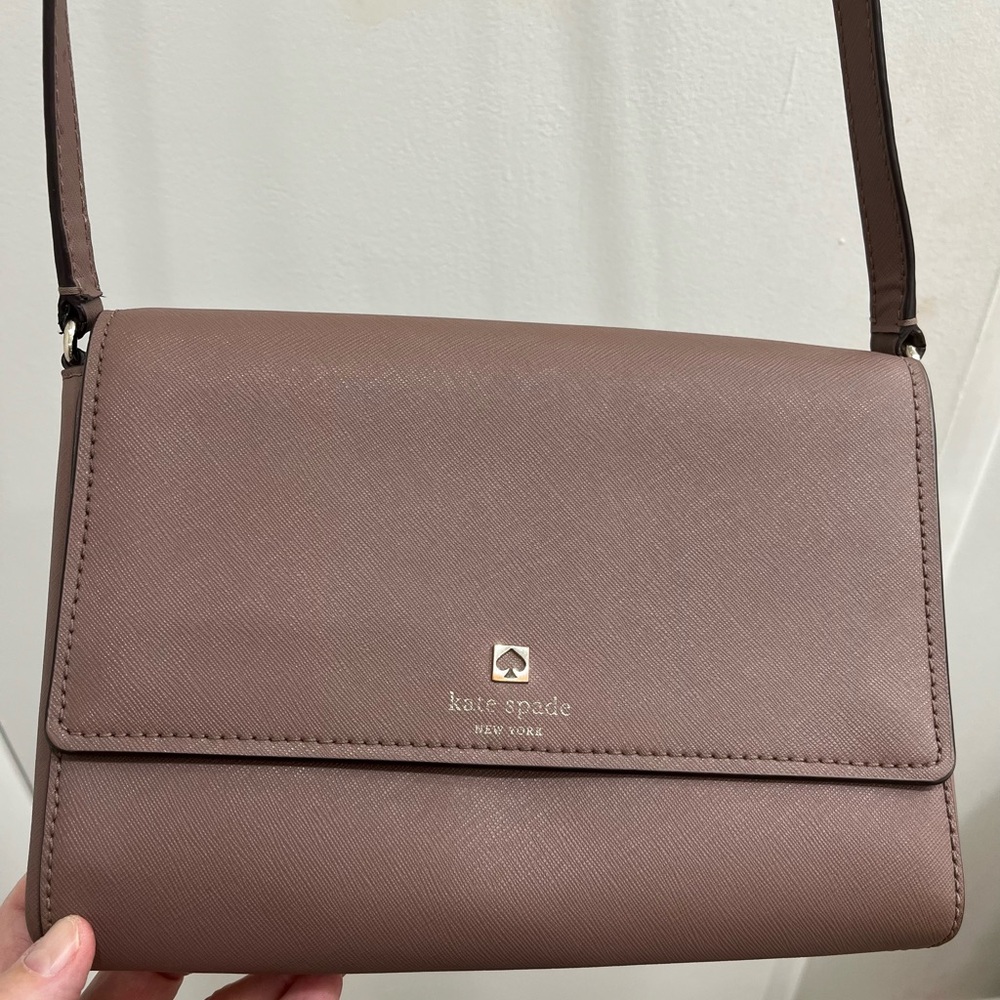 kate spade mauve-pink Saffiano leather crossbody with gold logo